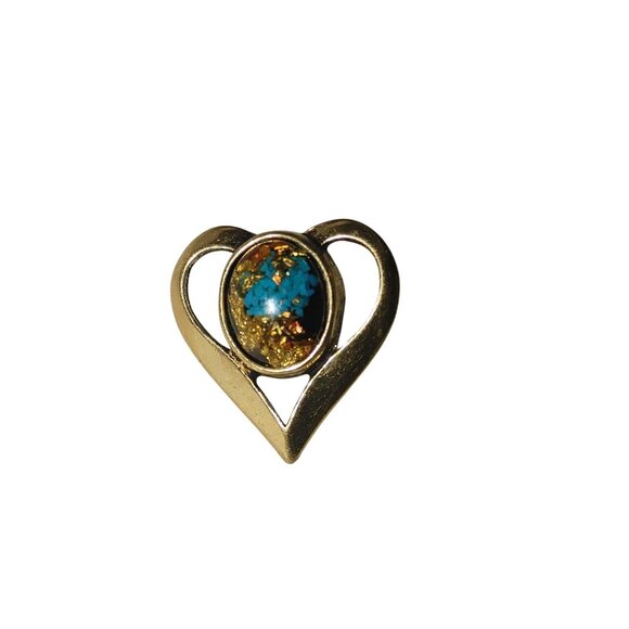 Vintage Lapel Pin Tie Tack Gold Flake Teal Tone Heart Pin Blue Goldstone Center - Picture 4 of 11